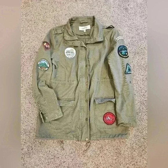 Sebby Green Cotton Army Jacket with Patches, Size Large - Picture 6 of 7
